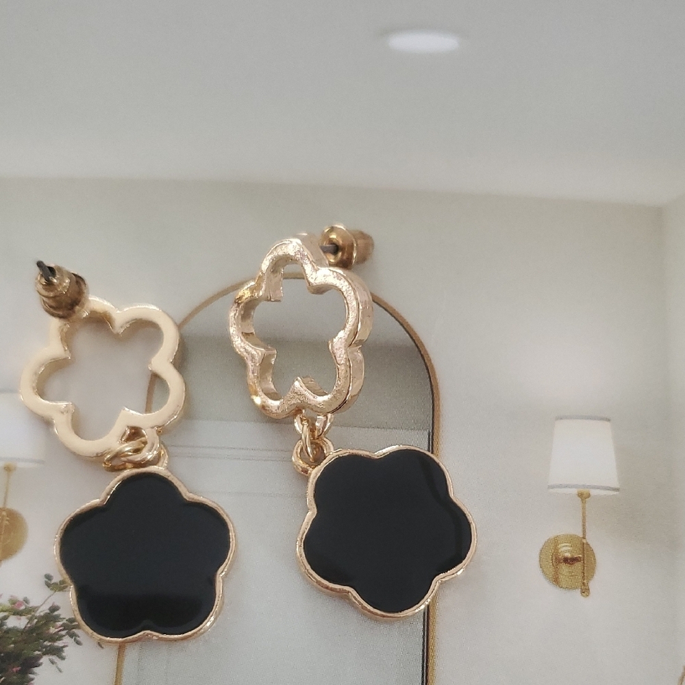 Gold and Black Flower Earrings